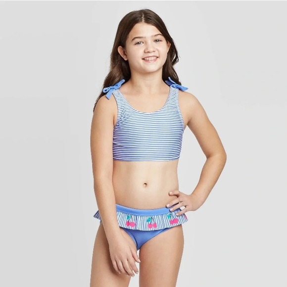Cat & jack 2020 m swim bikini blue cherry stripe - Picture 1 of 12